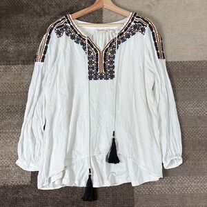 Soft Surroundings White Embroidered Tassel V Neck Long Sleeve Tunic Top PXL